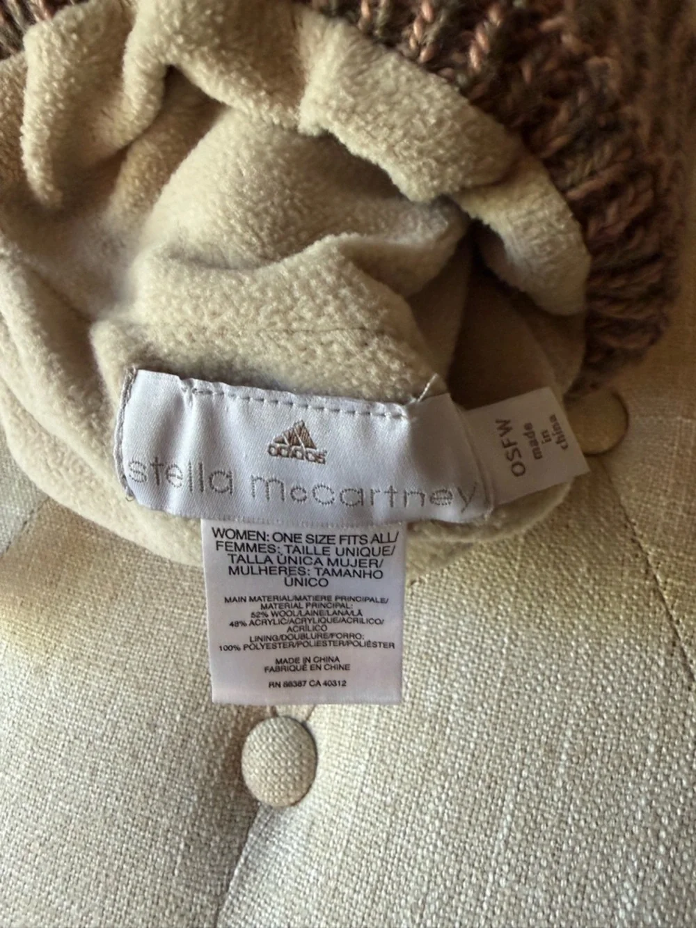 adidas by Stella McCartney Cable Knit Beanie Hat Fleece Lined Pink Brown